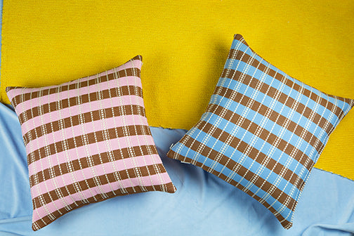 Santiago Grid Pillow - Baby Pink and Umber