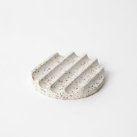 Concrete Terrazzo small round soap dish in white.